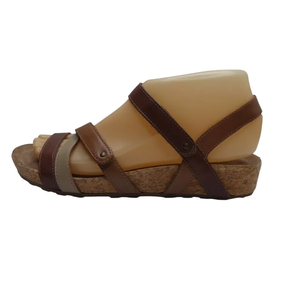 Walking Cradles Karen Brown Leather Open Toe Strappy Wedge Heel Sandals Womens 7